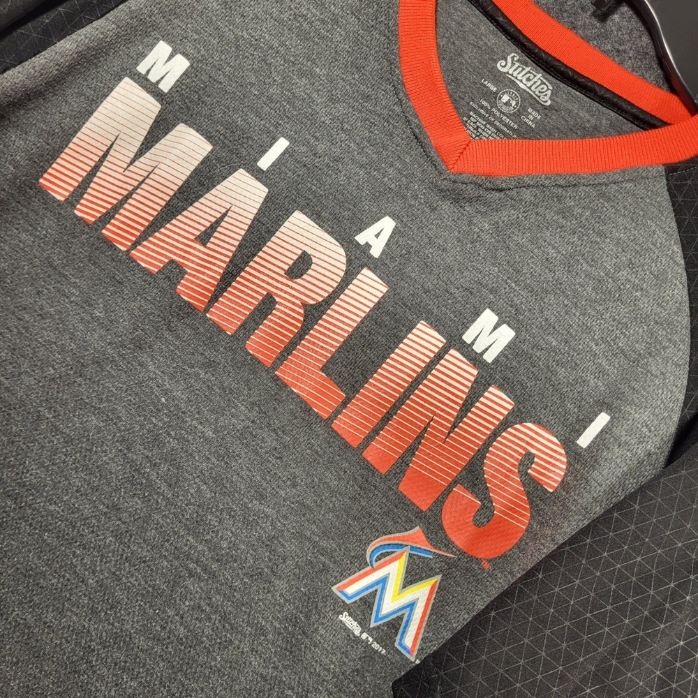 Stitches Miami Marlins MLB Jersey Shirt Mens Large Gray Black V-Neck Baseball